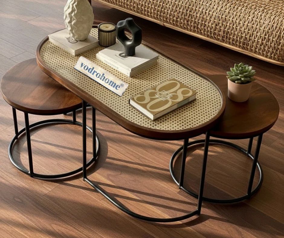 Vodrohome charcoal rattan cane center table with glass top–end table - set of three coffeetable – wood and cane nesting table S#078