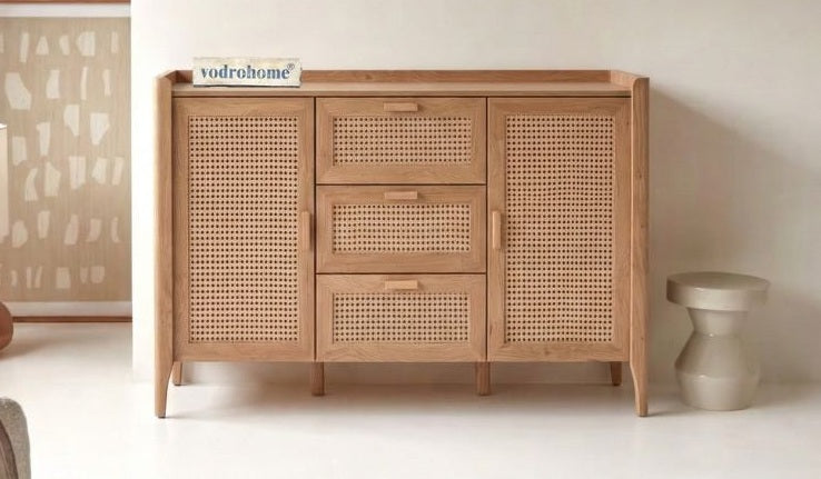 Vodrohome solid wood mango crockery unit - summer garden dresser with drawers – rattan cane side board. CM  SB#008