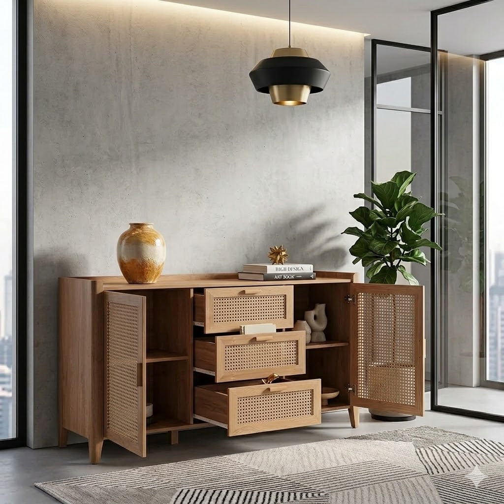 Vodrohome solid wood mango crockery unit - summer garden dresser with drawers – rattan cane side board. CM  SB#008