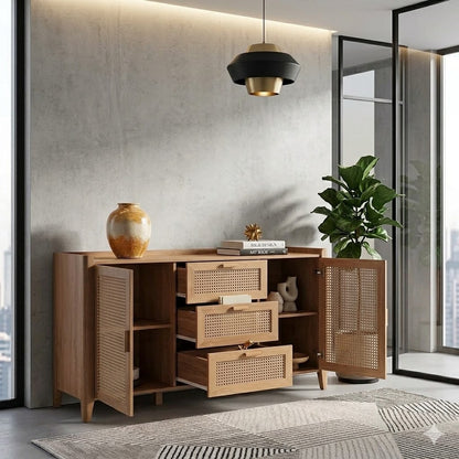Vodrohome solid wood mango crockery unit - summer garden dresser with drawers – rattan cane side board. CM  SB#008