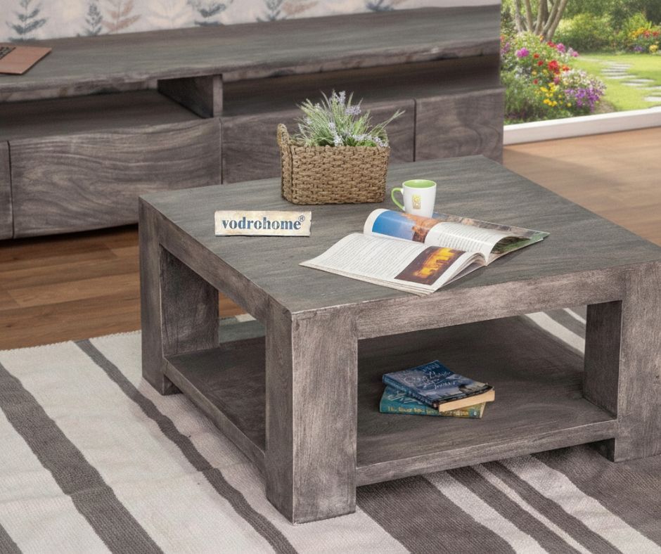vodrohome Sheesham Wood Square Coffee Table With Storage Shelf For Living Room Natural Finish – Tea Table In Contemprory Style For Confrence Room C#010