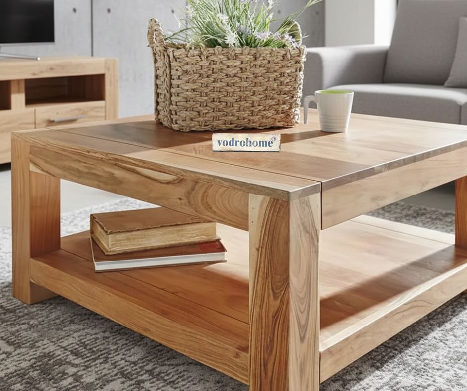 vodrohome Sheesham Wood Square Coffee Table With Storage Shelf For Living Room Natural Finish – Tea Table In Contemprory Style For Confrence Room C#010