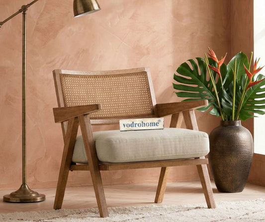 vodrohome Rattan cane accent Z chair -  upholstered arm chair cum sofa lounge chair mango wood, beige 68x69x70 cm CH#022
