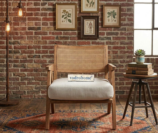 vodrohome Rattan cane accent Z chair -  upholstered arm chair cum sofa lounge chair mango wood, beige 68x69x70 cm CH#022