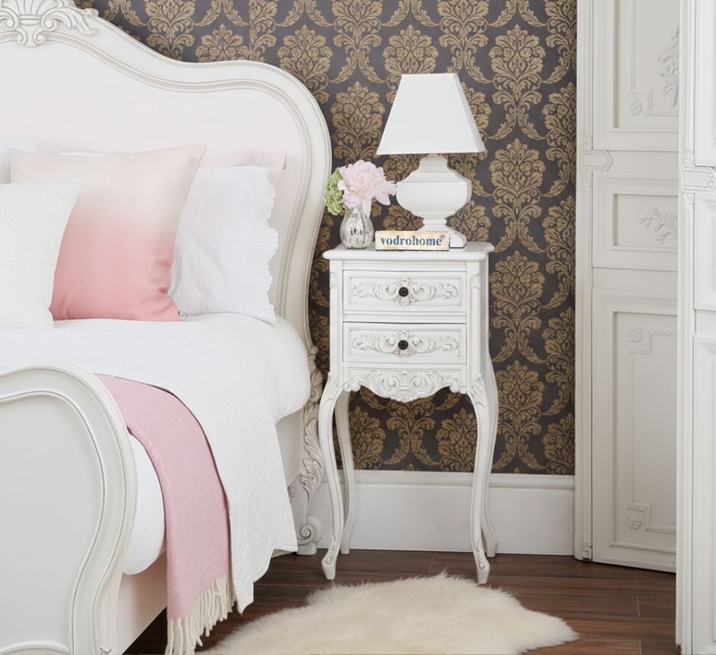 Vodrohome Craved Bedside Table with Two Drawers – French style night stand  - white side table for bedroom S#038
