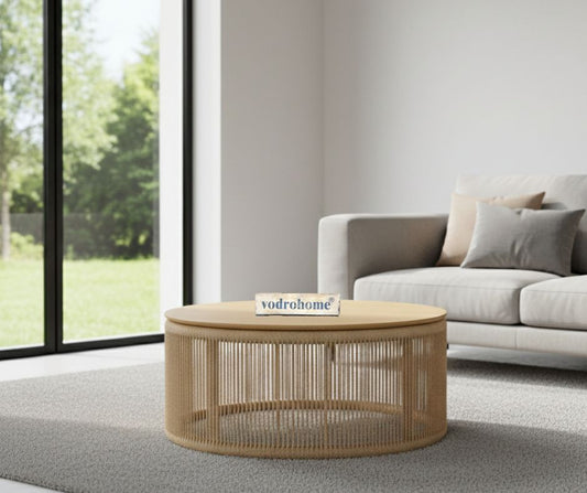 vodrohome rattan coffee table – jute weaving center table in natural finish – bohemian solid mango wood coffee table for office and living room C#064