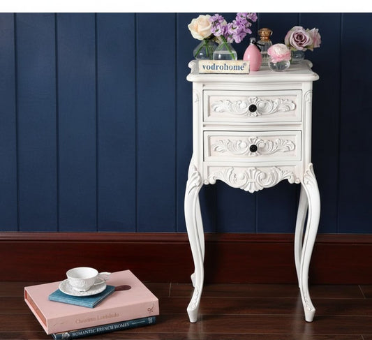 Vodrohome Craved Bedside Table with Two Drawers – French style night stand  - white side table for bedroom S#038
