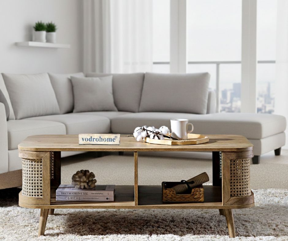 vodrohome Rattan Coffee Table With storage – cane center table with shelf for storage – bohemian solid mango wood coffee table for office and living room C#061