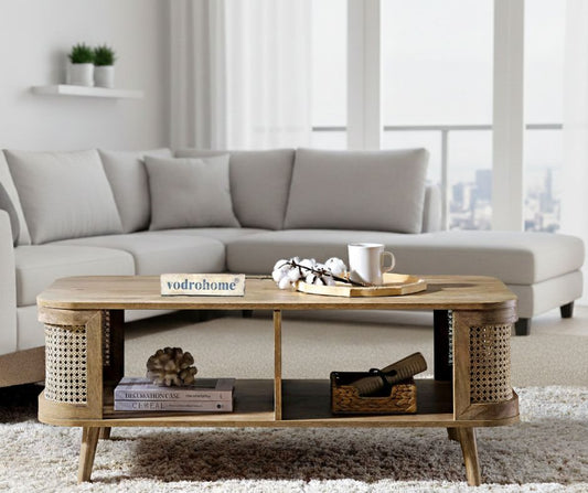 vodrohome Rattan Coffee Table With storage – cane center table with shelf for storage – bohemian solid mango wood coffee table for office and living room C#061