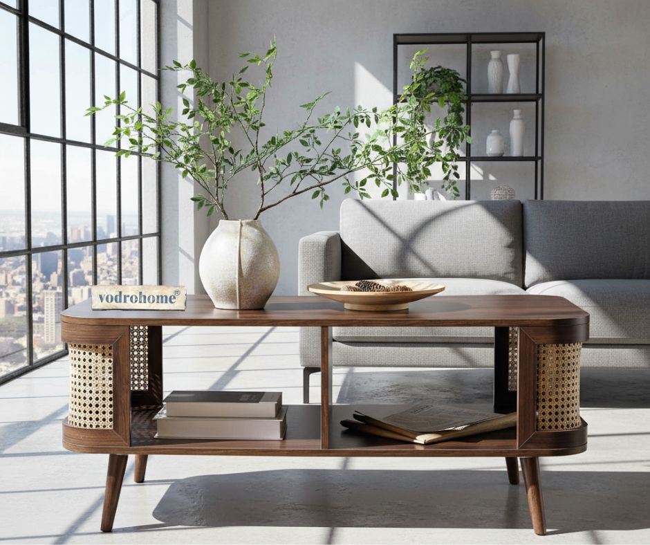 vodrohome Rattan Coffee Table With storage – cane center table with shelf for storage – bohemian solid mango wood coffee table for office and living room C#061
