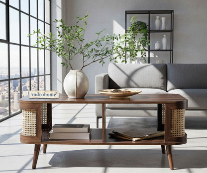 vodrohome Rattan Coffee Table With storage – cane center table with shelf for storage – bohemian solid mango wood coffee table for office and living room C#061