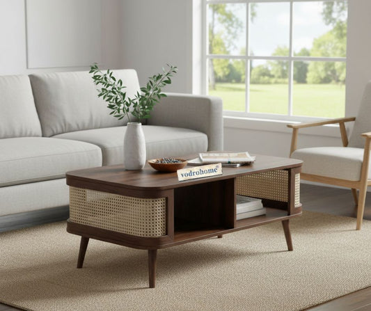 vodrohome Rattan Coffee Table With storage – cane center table with shelf for storage – bohemian solid mango wood coffee table for office and living room C#061