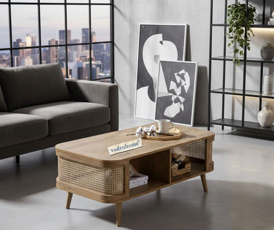 vodrohome Rattan Coffee Table With storage – cane center table with shelf for storage – bohemian solid mango wood coffee table for office and living room C#061