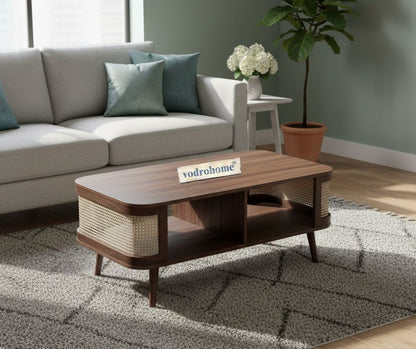 vodrohome Rattan Coffee Table With storage – cane center table with shelf for storage – bohemian solid mango wood coffee table for office and living room C#061