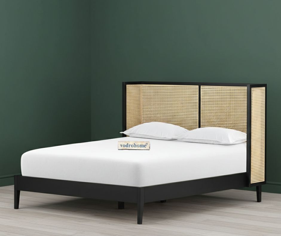 Vodrohome Mehrangarh Solid Mango wood Rattan(Cane) Bed With Wingback B#010