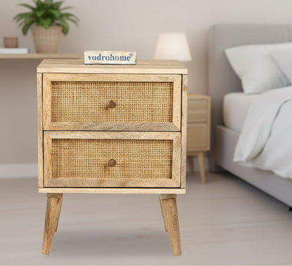 Vodrohome rattan cane side table with two drawers – bohemian solid mango wood cane iron sofa side end table – cane end table for living S#050