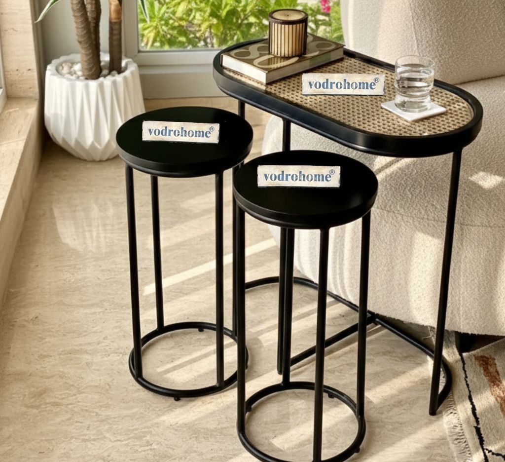 Vodrohome charcoal rattan cane side table with glass top – end table - set of three side table  – wood and cane nesting table S#048