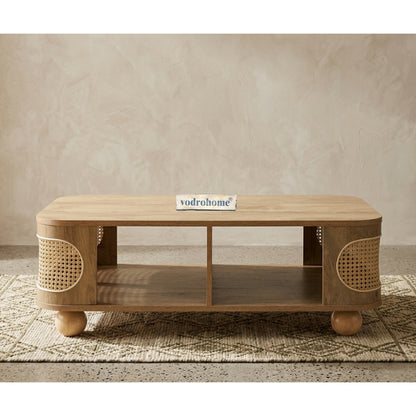 vodrohome Rattan Coffee Table With storage–cane center table with shelf for storage – bohemian solid mango wood coffee table for office and living room C#077