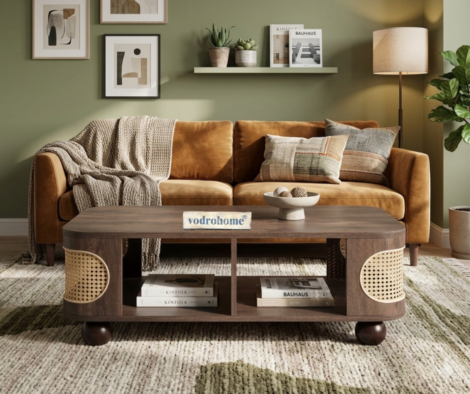 vodrohome Rattan Coffee Table With storage–cane center table with shelf for storage – bohemian solid mango wood coffee table for office and living room C#077