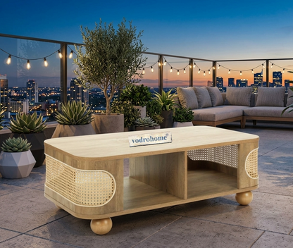 vodrohome Rattan Coffee Table With storage–cane center table with shelf for storage – bohemian solid mango wood coffee table for office and living room C#077