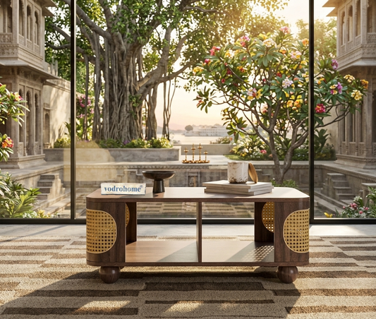 vodrohome Rattan Coffee Table With storage–cane center table with shelf for storage – bohemian solid mango wood coffee table for office and living room C#077