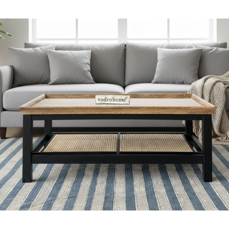vodrohome solid mango wood coffee table with rattan cane - rectangle centre table ideal tea table for living rooms C#046