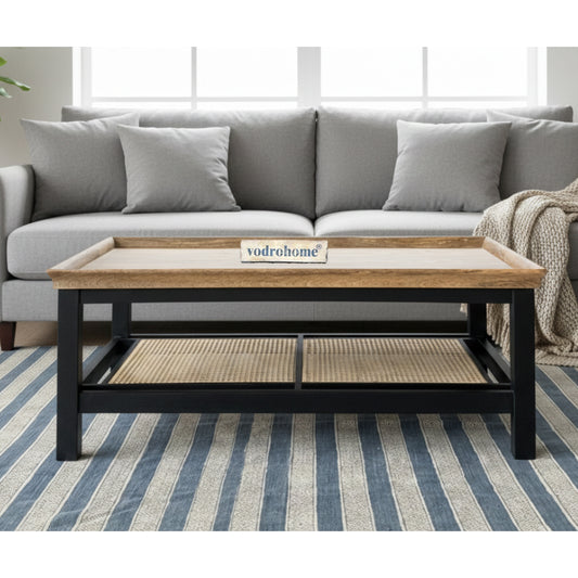 vodrohome solid mango wood coffee table with rattan cane - rectangle centre table ideal tea table for living rooms C#046