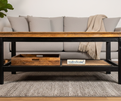 vodrohome solid mango wood coffee table with rattan cane - rectangle centre table ideal tea table for living rooms C#046