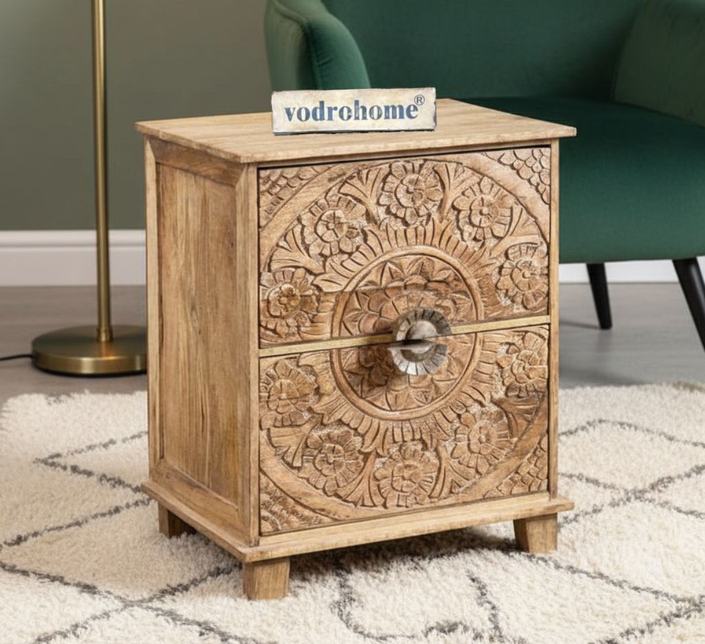 Vodrohome mango wood bedside table with two drawers – classic design night stand with beautiful carving  40x33x51 cm S#018