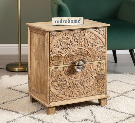 Vodrohome mango wood bedside table with two drawers – classic design night stand with beautiful carving  40x33x51 cm S#018