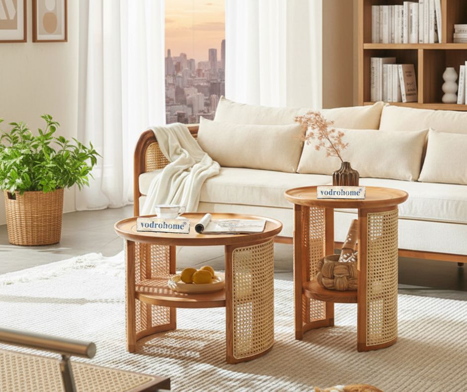 vodrohome Rattan Coffee Table – cane center table with shelf for storage – bohemian solid mango wood coffee table for office and living room C#056