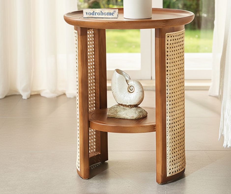 vodrohome Rattan Coffee Table – cane center table with shelf for storage – bohemian solid mango wood coffee table for office and living room C#056