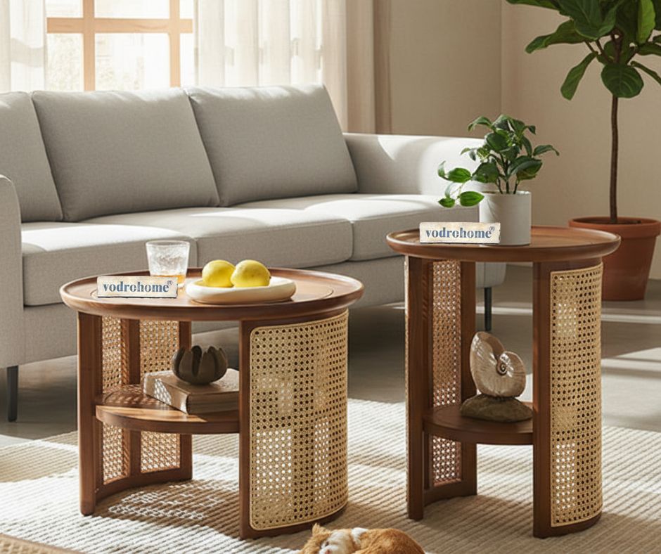 vodrohome Rattan Coffee Table – cane center table with shelf for storage – bohemian solid mango wood coffee table for office and living room C#056