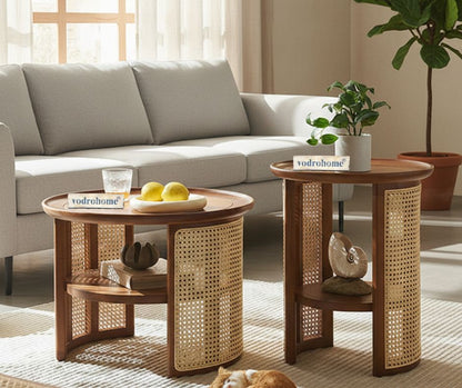 vodrohome Rattan Coffee Table – cane center table with shelf for storage – bohemian solid mango wood coffee table for office and living room C#056