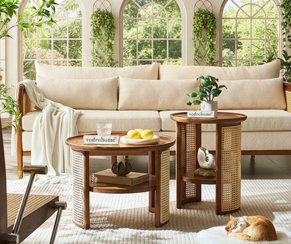 vodrohome Rattan Coffee Table – cane center table with shelf for storage – bohemian solid mango wood coffee table for office and living room C#056