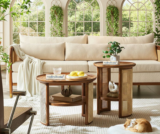 vodrohome Rattan Coffee Table – cane center table with shelf for storage – bohemian solid mango wood coffee table for office and living room C#056