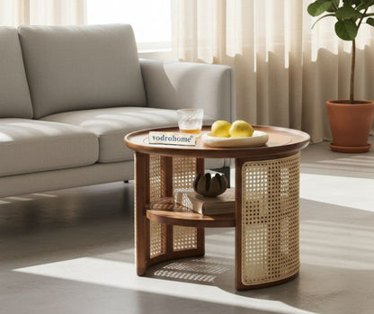 vodrohome Rattan Coffee Table – cane center table with shelf for storage – bohemian solid mango wood coffee table for office and living room C#056