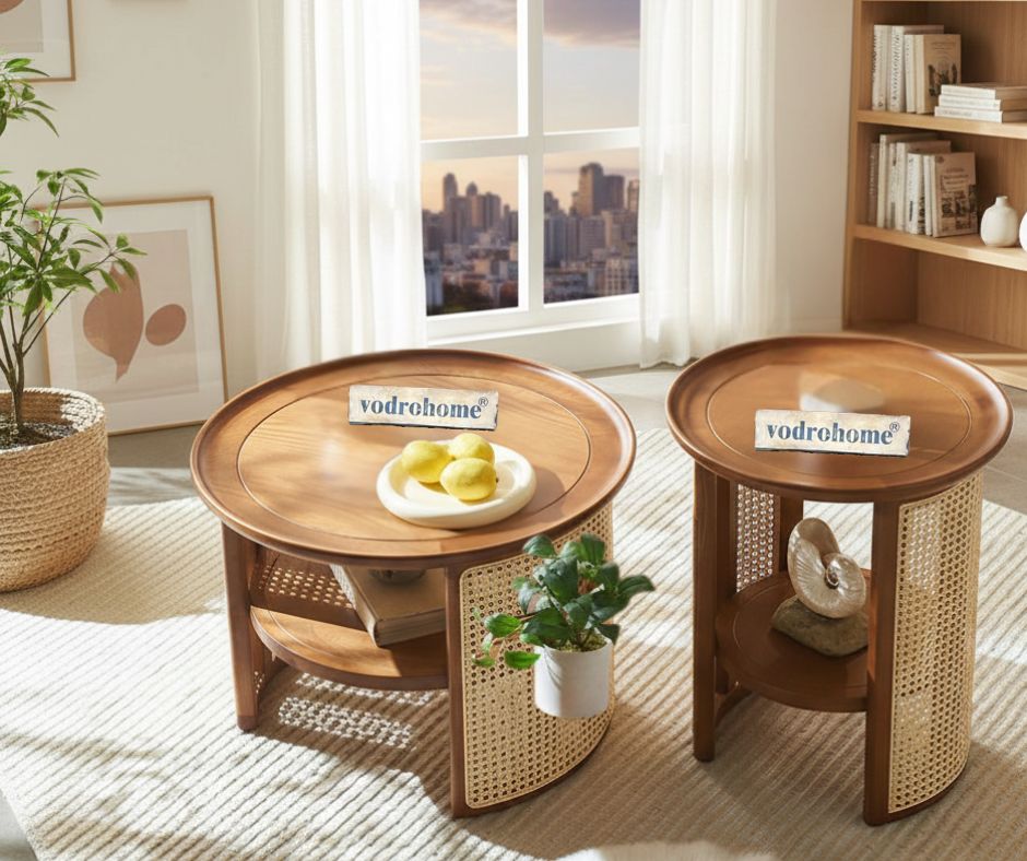 vodrohome Rattan Coffee Table – cane center table with shelf for storage – bohemian solid mango wood coffee table for office and living room C#056