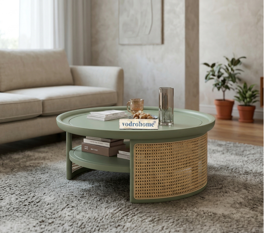 vodrohome Rattan Coffee Table – cane center table with shelf for storage – bohemian solid mango wood coffee table for office and living room C#085