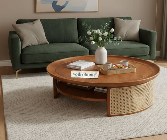 Vodrohome Rattan Coffee Table – cane center table with shelf for storage – bohemian solid mango wood coffee table for office and living room C#027