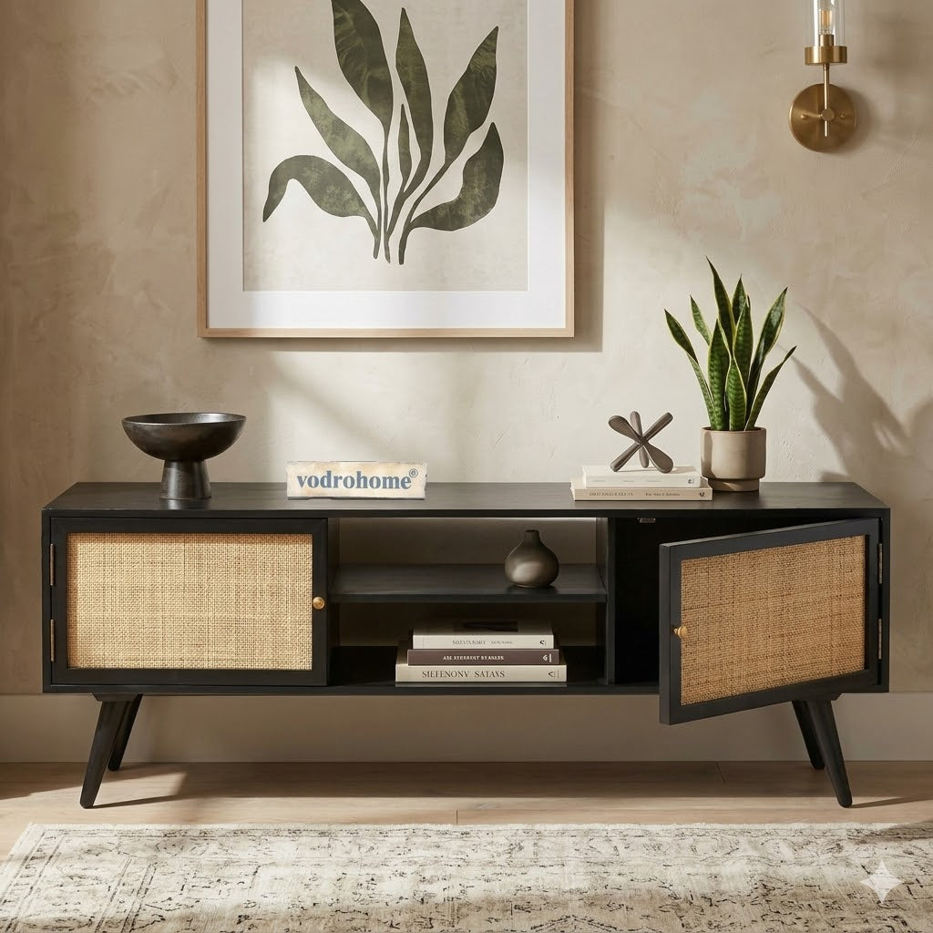 vodrohome modern tv unit cabinet– solid mango wood tvc 2 cupboards – tv consol table with set up box shelf  TV#013