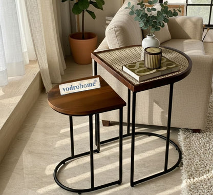 Vodrohome charcoal rattan cane side table with glass top – bohemian solid mango wood cane iron sofa side end table – wood and cane nesting table S#047