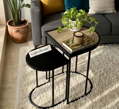 Vodrohome charcoal rattan cane side table with glass top – bohemian solid mango wood cane iron sofa side end table – wood and cane nesting table S#047