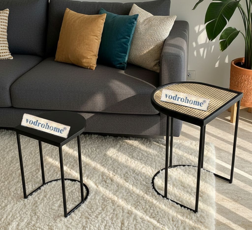 Vodrohome charcoal rattan cane side table with glass top – bohemian solid mango wood cane iron sofa side end table – wood and cane nesting table S#047