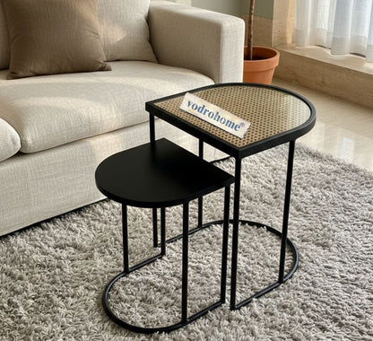 Vodrohome charcoal rattan cane side table with glass top – bohemian solid mango wood cane iron sofa side end table – wood and cane nesting table S#047