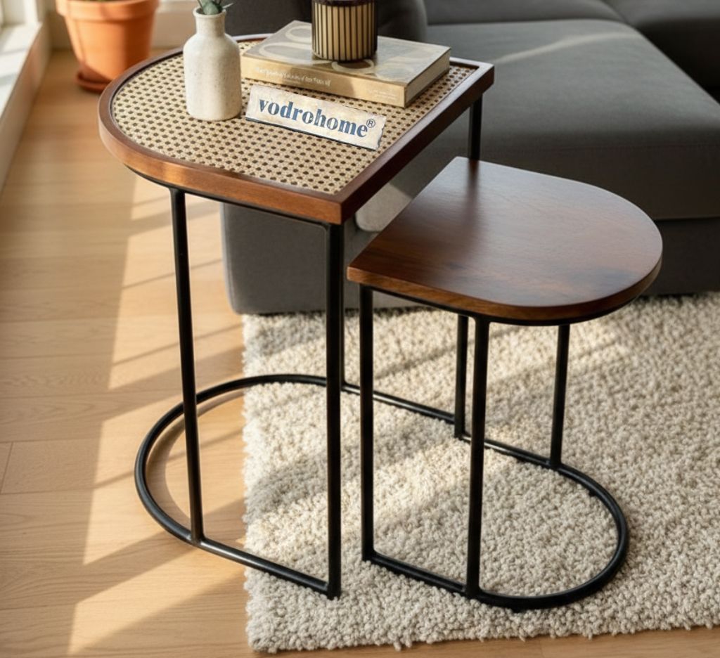 Vodrohome charcoal rattan cane side table with glass top – bohemian solid mango wood cane iron sofa side end table – wood and cane nesting table S#047