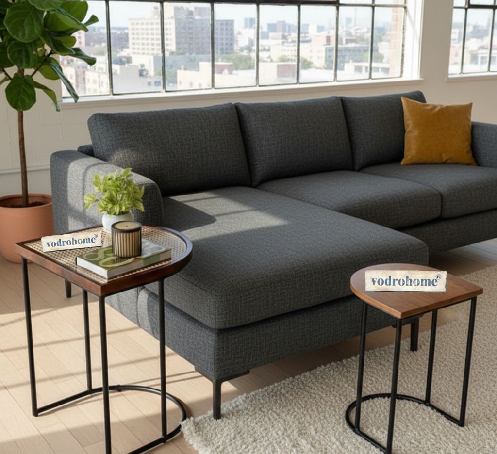 Vodrohome charcoal rattan cane side table with glass top – bohemian solid mango wood cane iron sofa side end table – wood and cane nesting table S#047