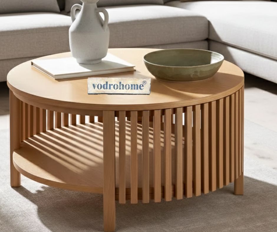 vodrohome slatted Coffee Table – solid mango wod center table with shelf for storage – bohemian teapot table for sofa, office and living room C#071