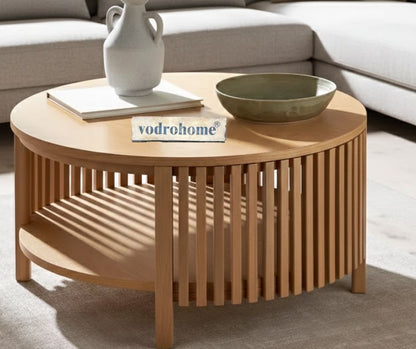 vodrohome slatted Coffee Table – solid mango wod center table with shelf for storage – bohemian teapot table for sofa, office and living room C#071