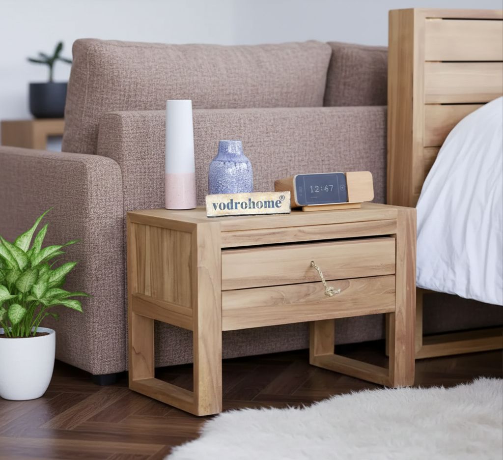 Vodrohome mango wood mini bedside table with one drawer – mango wood end table in contemporary style 60x30x35 cm  S#010
